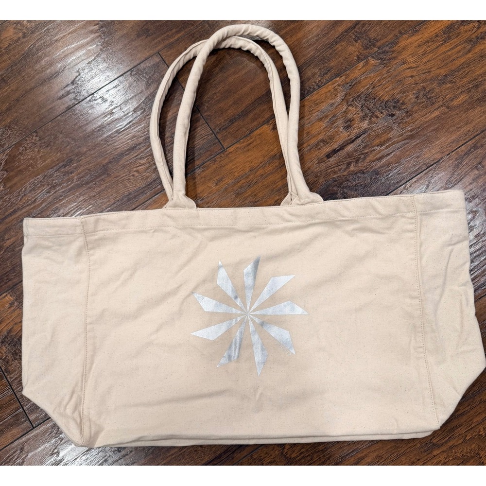 Athleta Cream Canvas Oversized Tote Bag Silver Metallic Logo One Size